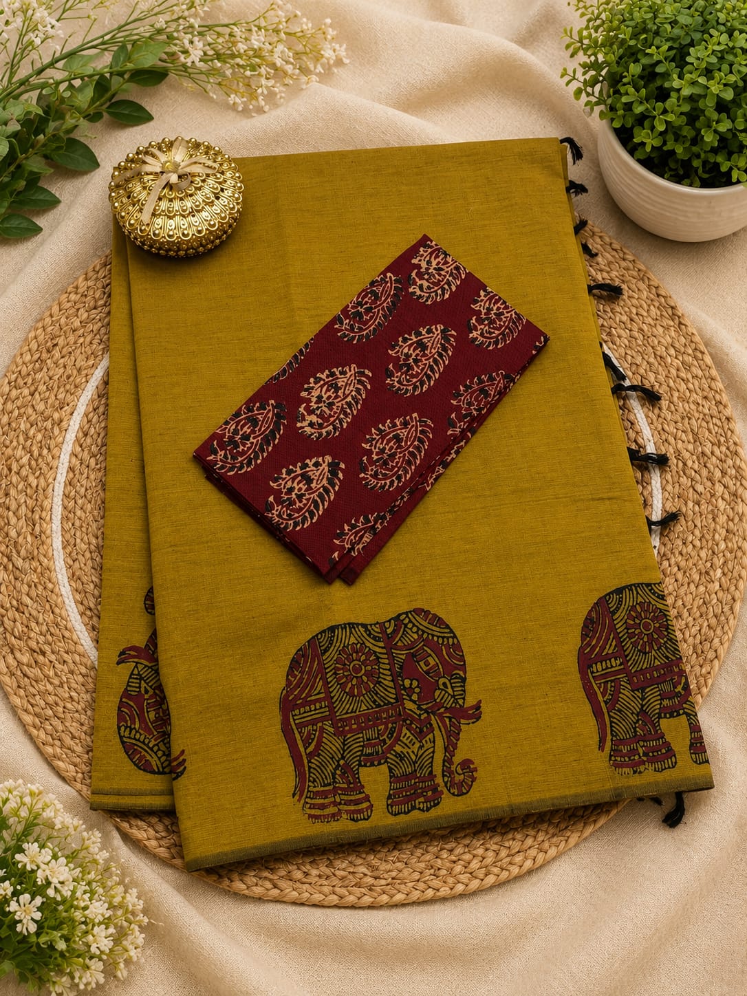 southcottonmix block printed saree with self and contrast blouse